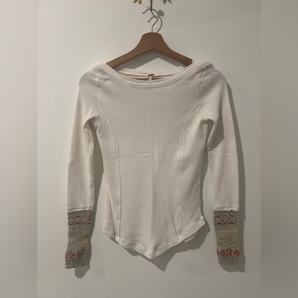 Free People Cream Long Sleeve Top with Patterned Cuffs